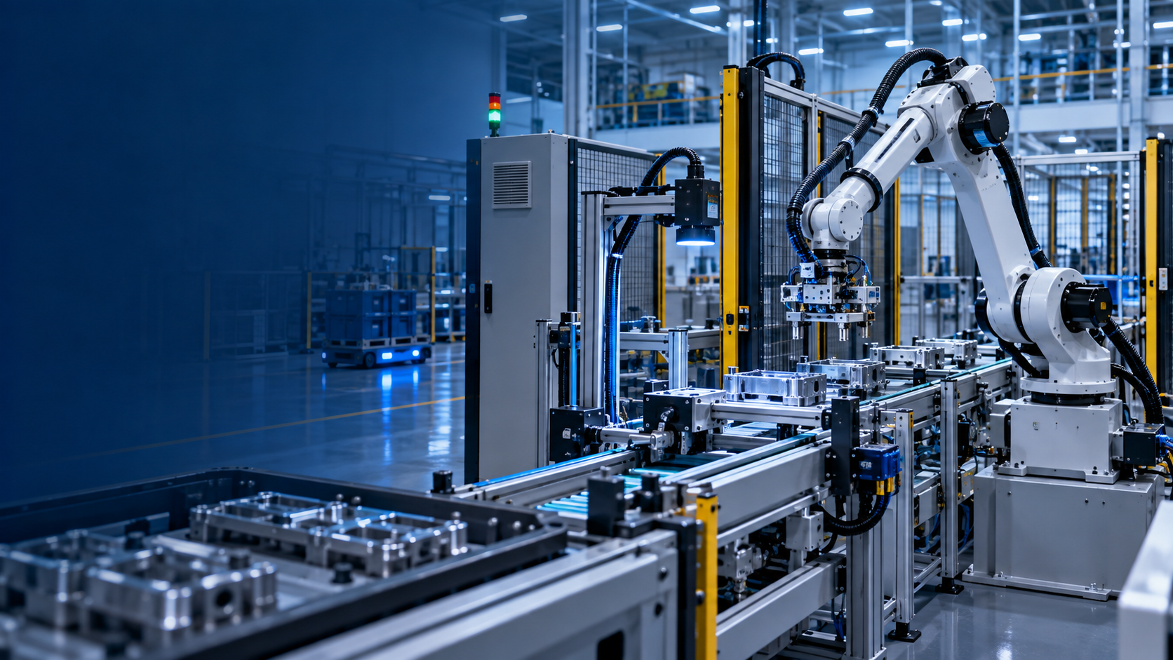 Brand-neutral industrial robot, conveyor and machine vision cell in a modern factory