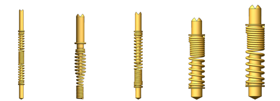 Spring probe contact pin examples with different tips and spring geometries