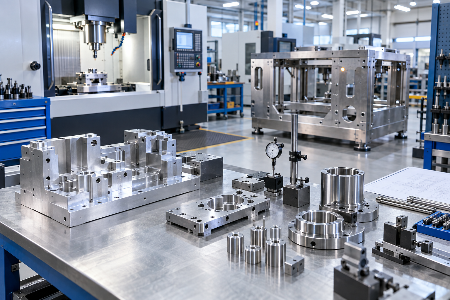 Precision machined fixtures and fabricated machine frame