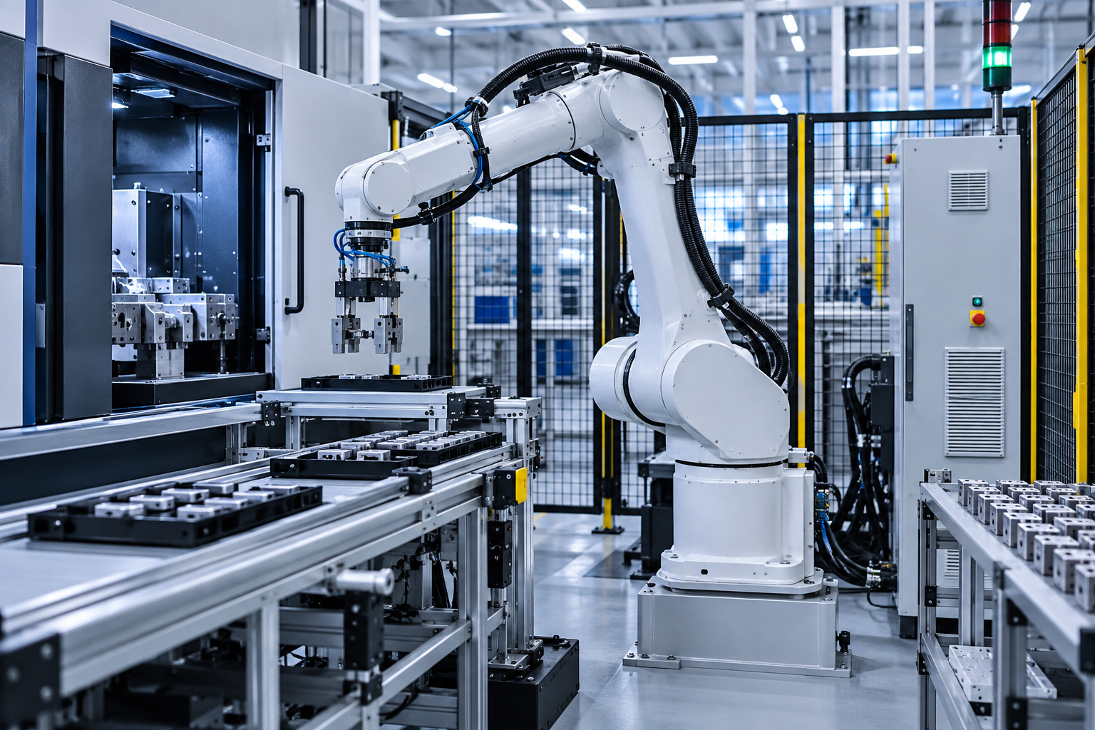 Industrial robotic machine tending cell